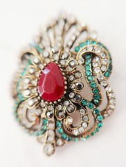 Vintage Style Red Teardrop Brooch Pin, Antique Gold Floral Statement Jewelry
