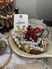VTG Curated Mystery Costume Jewelry Jar Gold Tone Pastels Pearls Cameo WOW