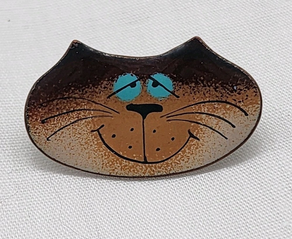MCM Enamel Copper Cat Pin Brooch Signed Nanci vintage