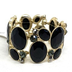 Fashion Oval Gem Cluster Chunky Cuff Black Smokey Deep Green Stretch Bracelet 9”