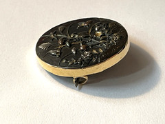 Antique 19th C Japanese Shakudo Inlay Brooch Pin With 18K Yellow Gold Frame