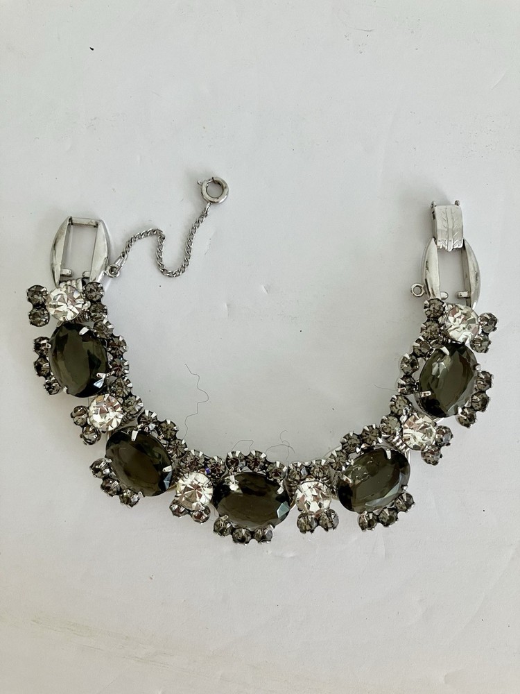 JULIANA Large Smoky Oval Glass Clear & Gray Rhinestones 5 Link Bracelet GORGEOUS