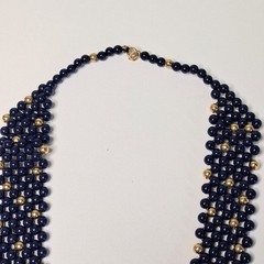 Navy Blue & Gold Beaded Bib Necklace Woven Statement Collar V-Shape Vintage