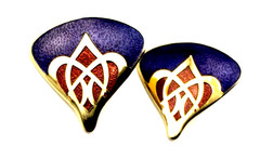 Vintage Purple Red Cloisonné Enamel Fan Gold Tone Pierced Stud Earrings
