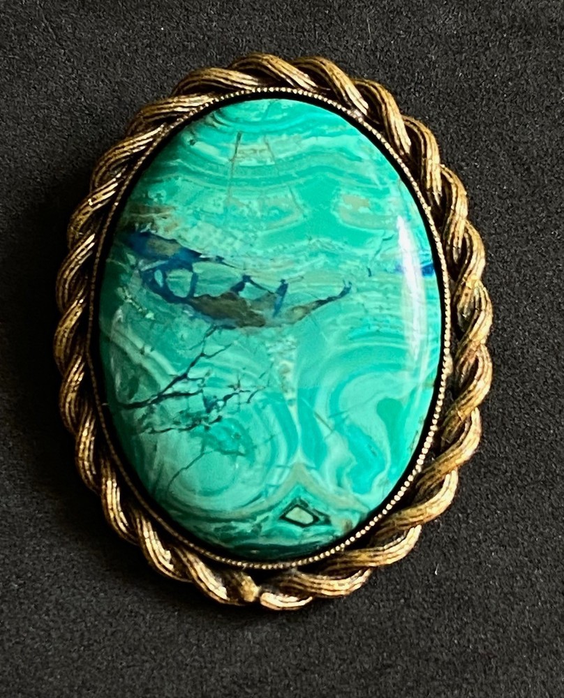 VTG Brooch Natural Malachite Cabochon Brass Large Oval Gemstone Granny Core