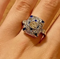 Art Deco Style Round Lab Created Diamond &Sapphire14k White Gold FN Wedding Ring