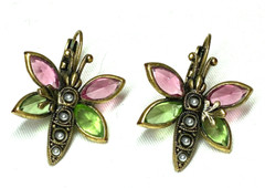 Gold Tone Pink Green Glass Bezel Set Butterfly Earrings Leverback Close 1.25″