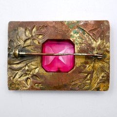 Art Nouveau Red Rhinestone Dragonflies Sash Pin Brooch 2.5″ Embossed Antique