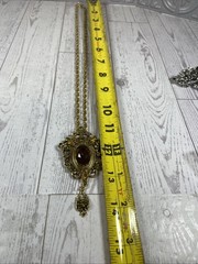 Vintage Amber Glass Gold Tone Scroll Pendant With Heavy Chain 12” Drop Length