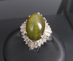 Vintage 8.54ct Cat’s Eye Tourmaline & 1.08ct Diamond Platinum Ring, Size 6