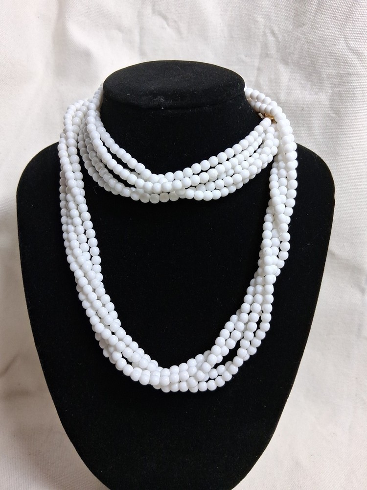 Vintage Signed NAPIER 5 Strand Multistrand White Small Bead Necklace 23″ Fashion