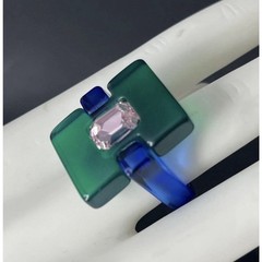 Modernist Lucite Ring Blue Green Rhinestone Sz 7.25 Statement Chunky Post Modern