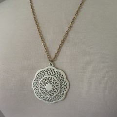 Vintage Large Round White Filigree Statement Pendant Gold Tone Necklace