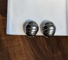 Vintage Gun Metal Grey Black Dome Cushion Button Larva Quilted Clip Earrings