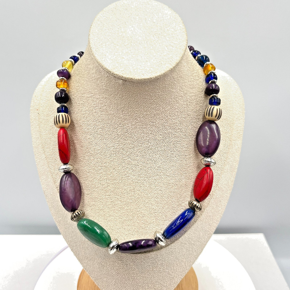 Vintage Chaps Multi-Color Bead Statement Necklace Silver Tone Boho Fashion Retro