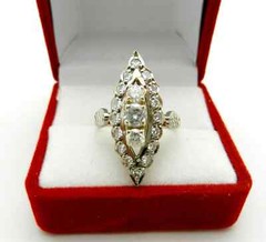 Vintage Solid 14k 585 Rose & White Gold Cluster Diamonds Navette Ring size 5.5