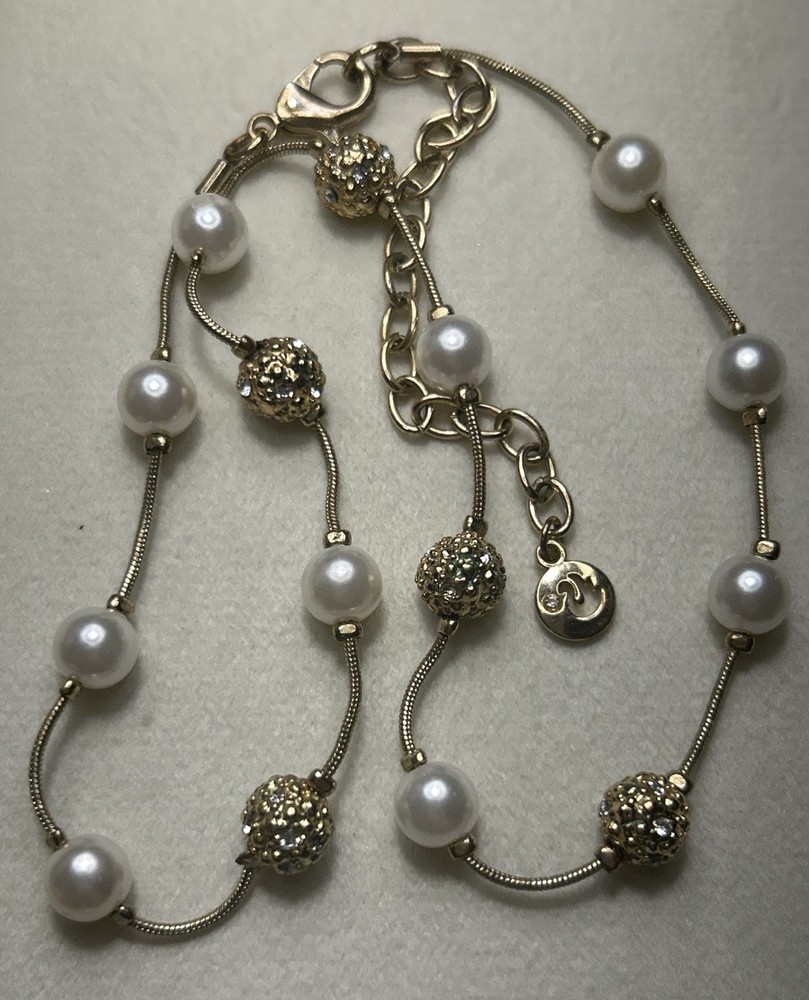 Vintage Swarovski Pearl Crystal Station Necklace Gold Tone Swan 16”-19” 1990’s