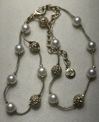 Vintage Swarovski Pearl Crystal Station Necklace Gold Tone Swan 16”-19” 1990’s