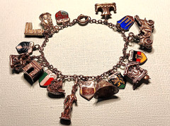 European Travel Silver Charm Bracelet & 17 Charms, 925 to 800 Silver, Some Rare