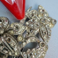 Large Vintage Pot Metal Brooch Silver Tone Rhinestone Floral 30s 40s Era READ