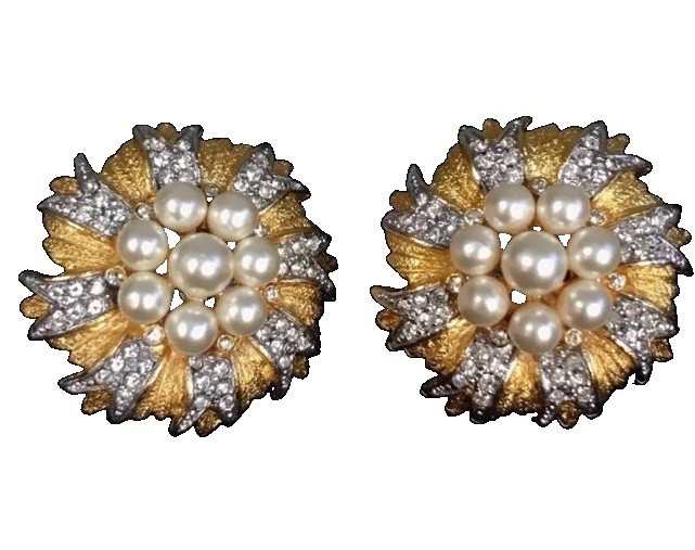 Vintage Brushed Goldtone Clip Earrings With Faux Pearls & Rhinestones