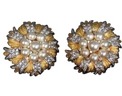 Vintage Brushed Goldtone Clip Earrings With Faux Pearls & Rhinestones