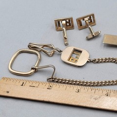 Vintage Swank Mens Jewelry Set Watch Fob Cufflinks Tie Bar Gold tone Monogram LB