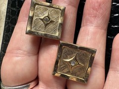 Vintage Cuff Links Men Goldtone Square Textured Clear Rhinestone Accent Toggle