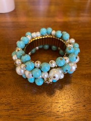 Vintage Expandable Cha-Cha Bead Bracelet Rhinestones Faux Turquoise Pearls