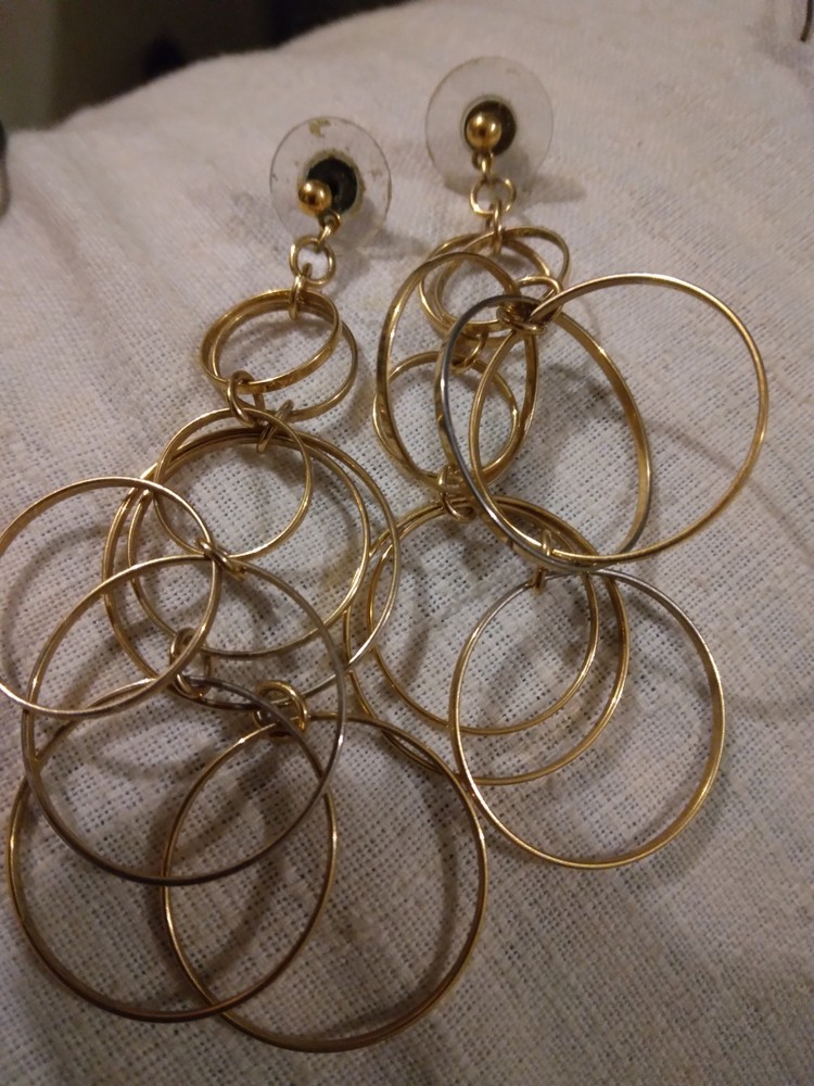 Vtg Gold Tone 2.75″ Dangle Multiple Hoops Post Earrings Circle Of Infinity