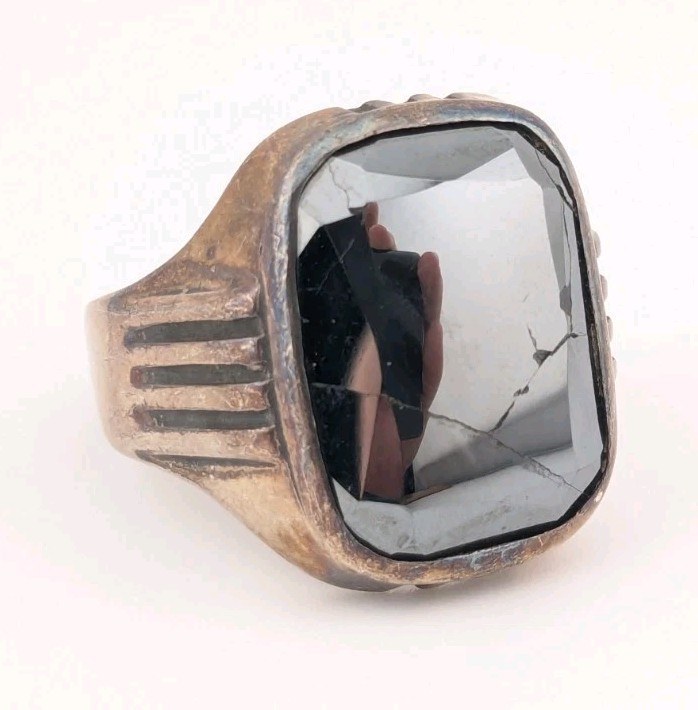 Vintage Sterling Silver Ring Hematite Stone Cracked Broken Size 11.25