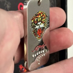Y2K Vintage Ed Hardy Tiger Dog Tag Necklace Rhinestone Pendant Chain Set – Rare