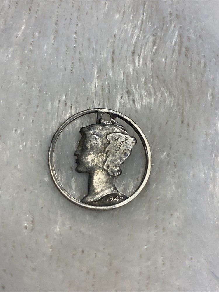 1942 MERCURY DIME 90% SILVER STERLING CUT OUT CHARM PENDANT WITH HOLE