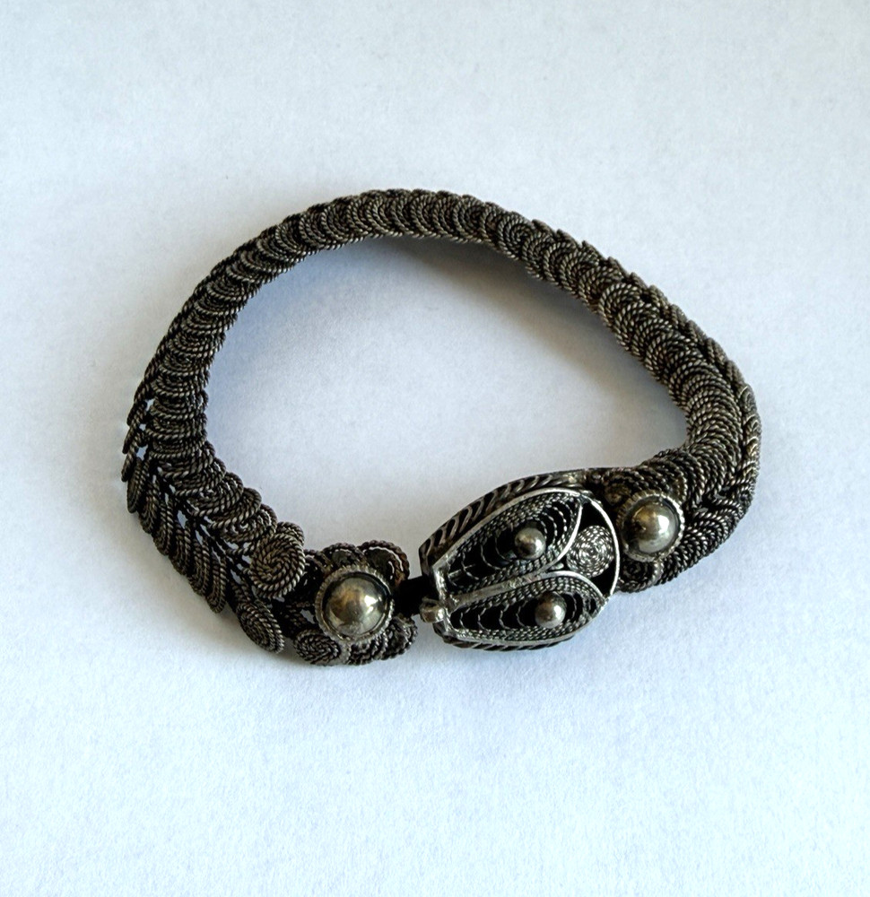 Antique Sterling Silver Snake Bracelet Double Row Circular Coil Links & Filigree