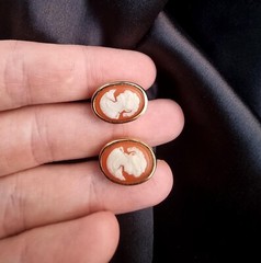Vintage CROWN TRIFARI 1960s Gold Toned Orange and Ivory Cameo Clip On Earrings