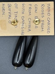 VTG MASHA ARCHER HAND CARVED ROSES/COW BONE. DANGLES OF TINTED BUFFALO HORN.
