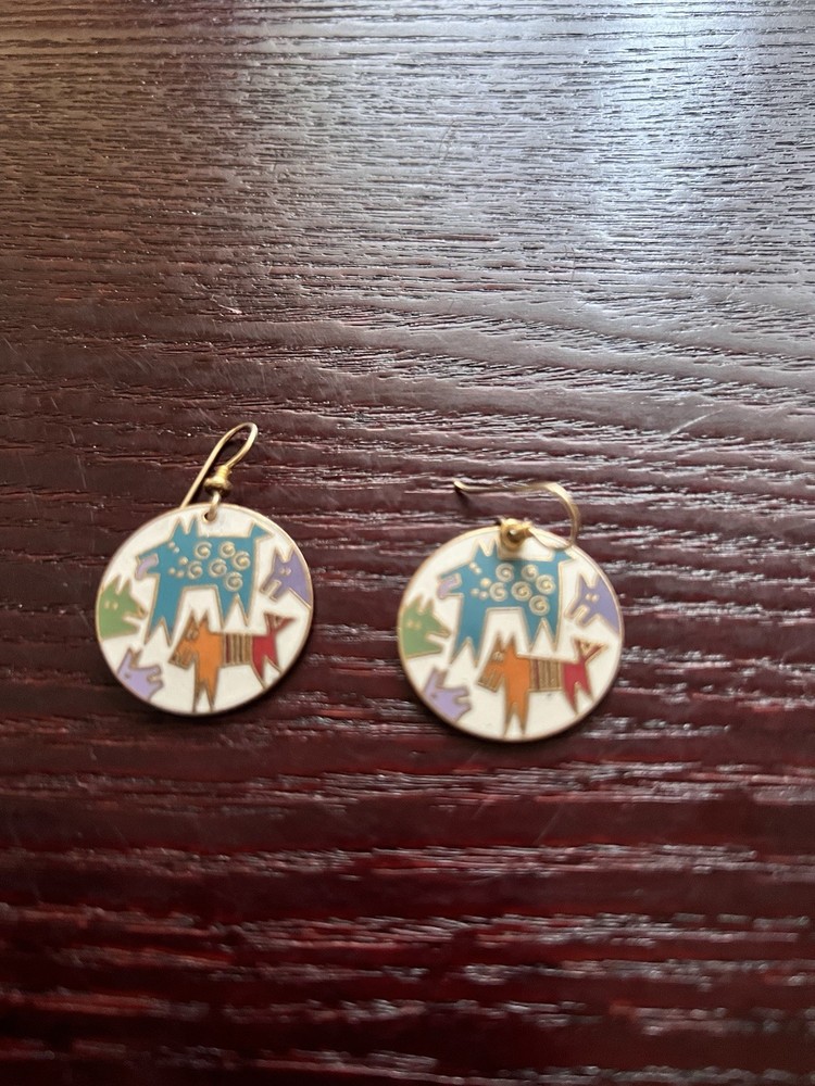 Laurel Burch Mythical Dogs Earrings, White, Red, Blue, Vintage, Been Stored