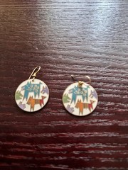 Laurel Burch Mythical Dogs Earrings, White, Red, Blue, Vintage, Been Stored