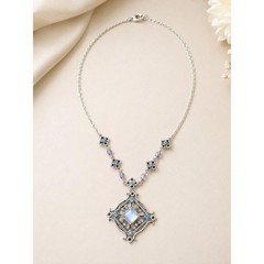 Vintage Avon Nina Ricci Necklace Silver Tone Blue Cabochon Rhinestone Pendant 16