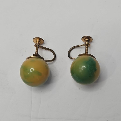 Vintage Yellow and Green Marbled Earrings Glossy Swirled Finish