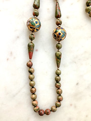 Vintage Beaded Necklace Chinese Champleve Cloisonne Jasper Opera Length 30″