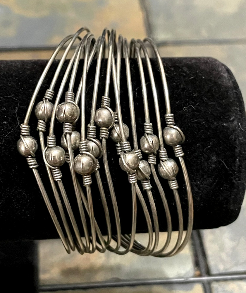 Vintage Silver Toned Multi Strand Cuff Bracelet with Silver Toned Beads