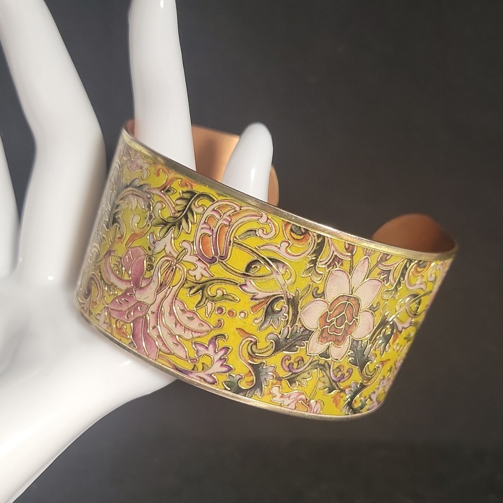 Vintage Wide Solid Copper Yellow Champleve Enamel Floral Cuff Bracelet