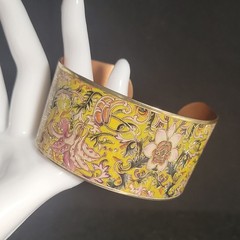 Vintage Wide Solid Copper Yellow Champleve Enamel Floral Cuff Bracelet