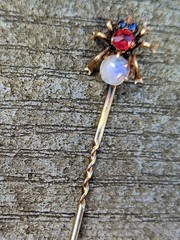 10K Rose Gold Antique Spider Stick Pin Sapphires Ruby Moonstone Victorian Rare!!