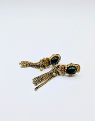Vintage 1960s Gold Tone Tassel Clip On Earrings With Green Cabochon