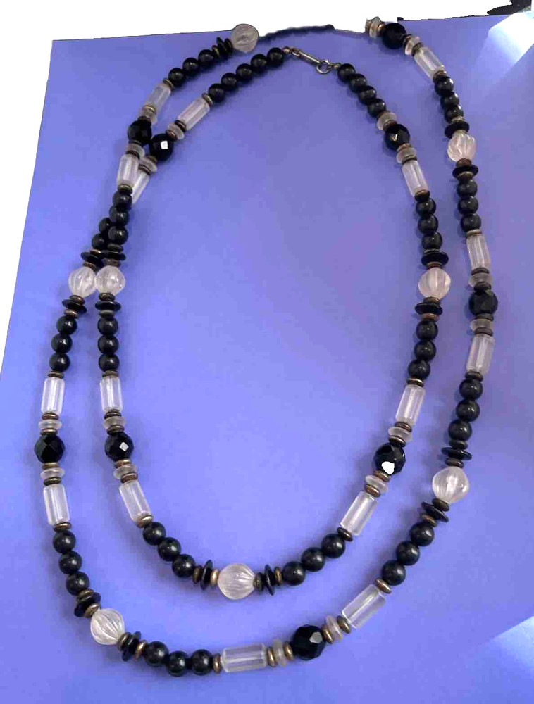 Vintage Dauplaise Black Jet Rhinestone Beads 39″ Opera Length Necklace