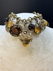 Vintage Mid Century Amber Topaz Rhinestone Charm Bracelet Etruscan Revival