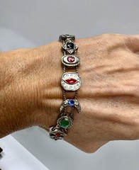 VTG Victorian Revival Slider Charm Bracelet Silvertone Rhinestones Enamel 7 1/4″