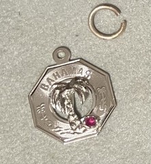 Vintage Sterling Silver Charm Bahamas Souvenir Palm Tree Hexagon Disc Red Stone
